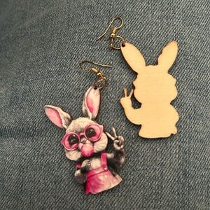 Whimsical Pink and Gray Rabbit Earrings